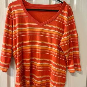 Striped V-Neck Women's Top - Orange and White